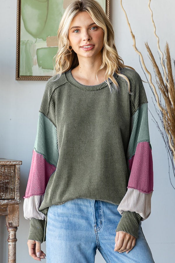 Olive Color Block Balloon Sleeve Top