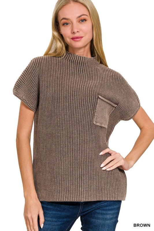 Acid wash mock neck sweater