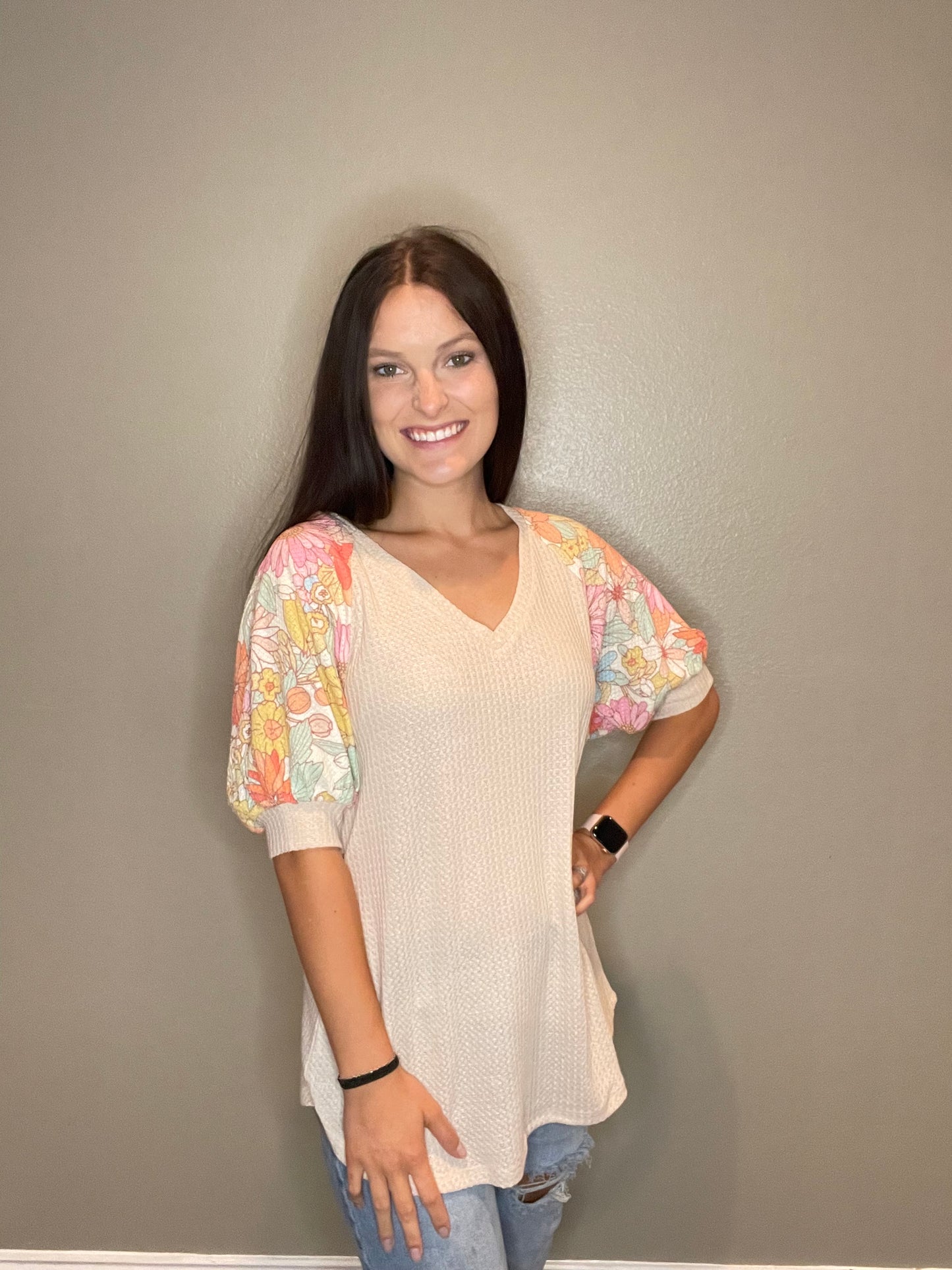 Oatmeal Waffle Knit Top With Floral Sleeves