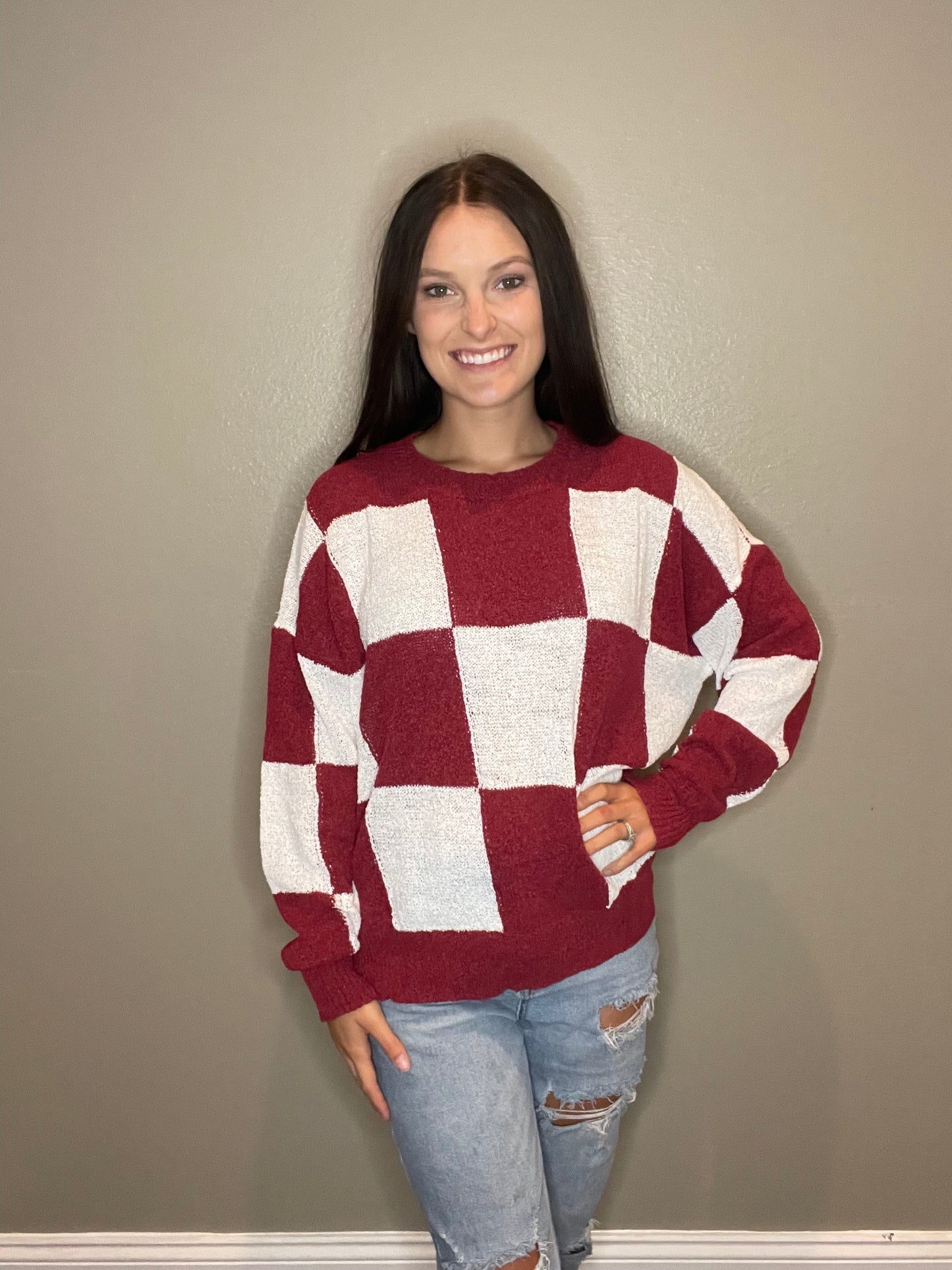 Maroon & White Checkered Print Sweater