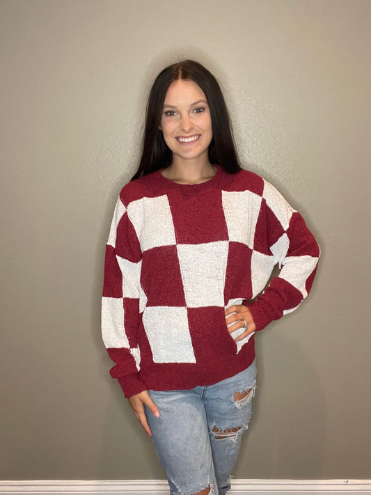 Maroon & White Checkered Print Sweater