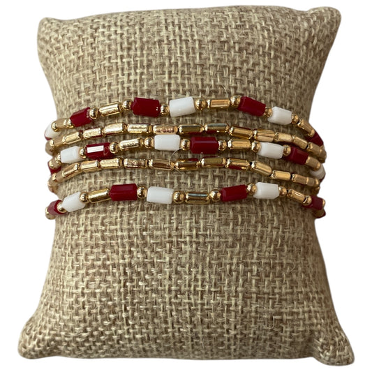 Gold Burgundy White Beaded 5 Piece Bracelet Set