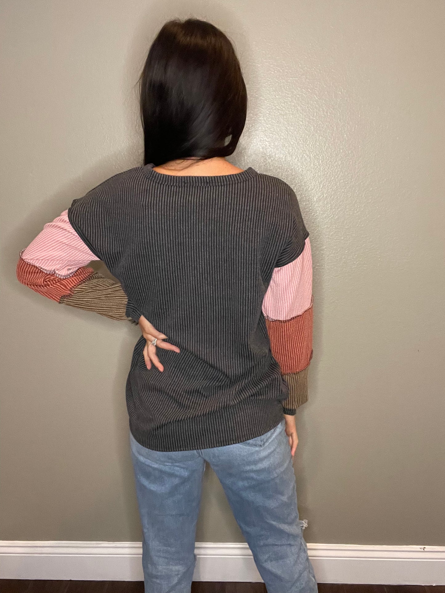 Charcoal Button Down Top With Color Block Sleeves