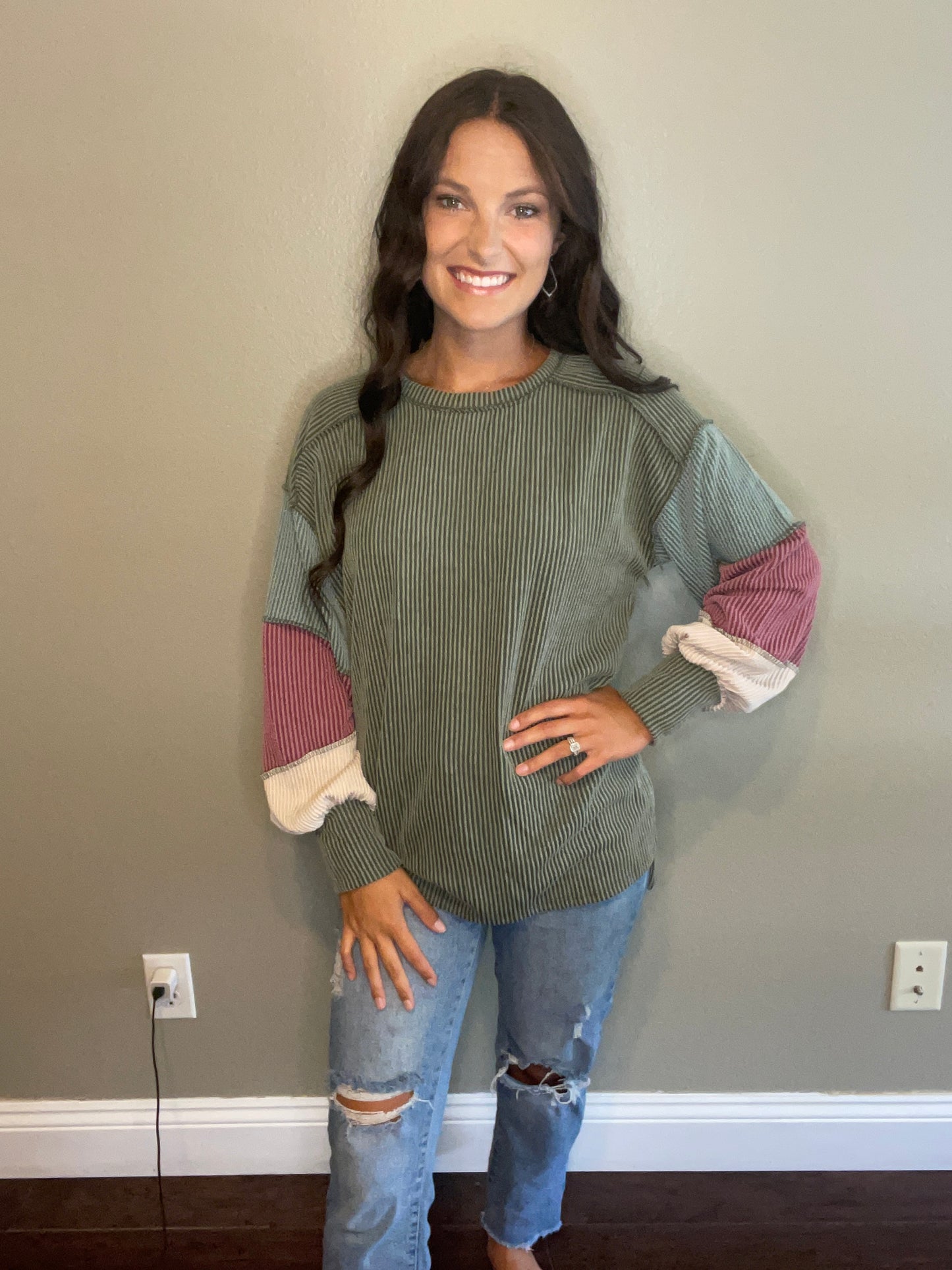 Olive Color Block Balloon Sleeve Top