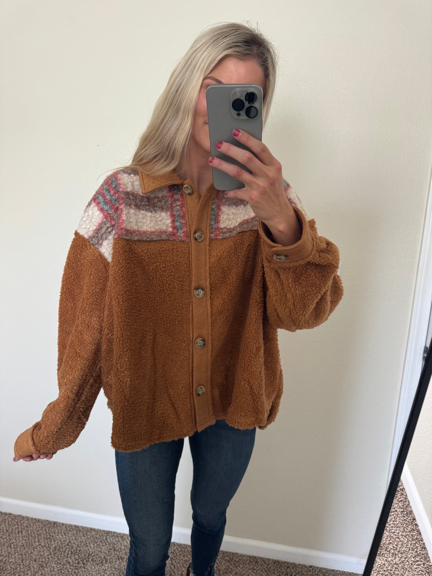 Mustard Sherpa Shacket with plaid detail