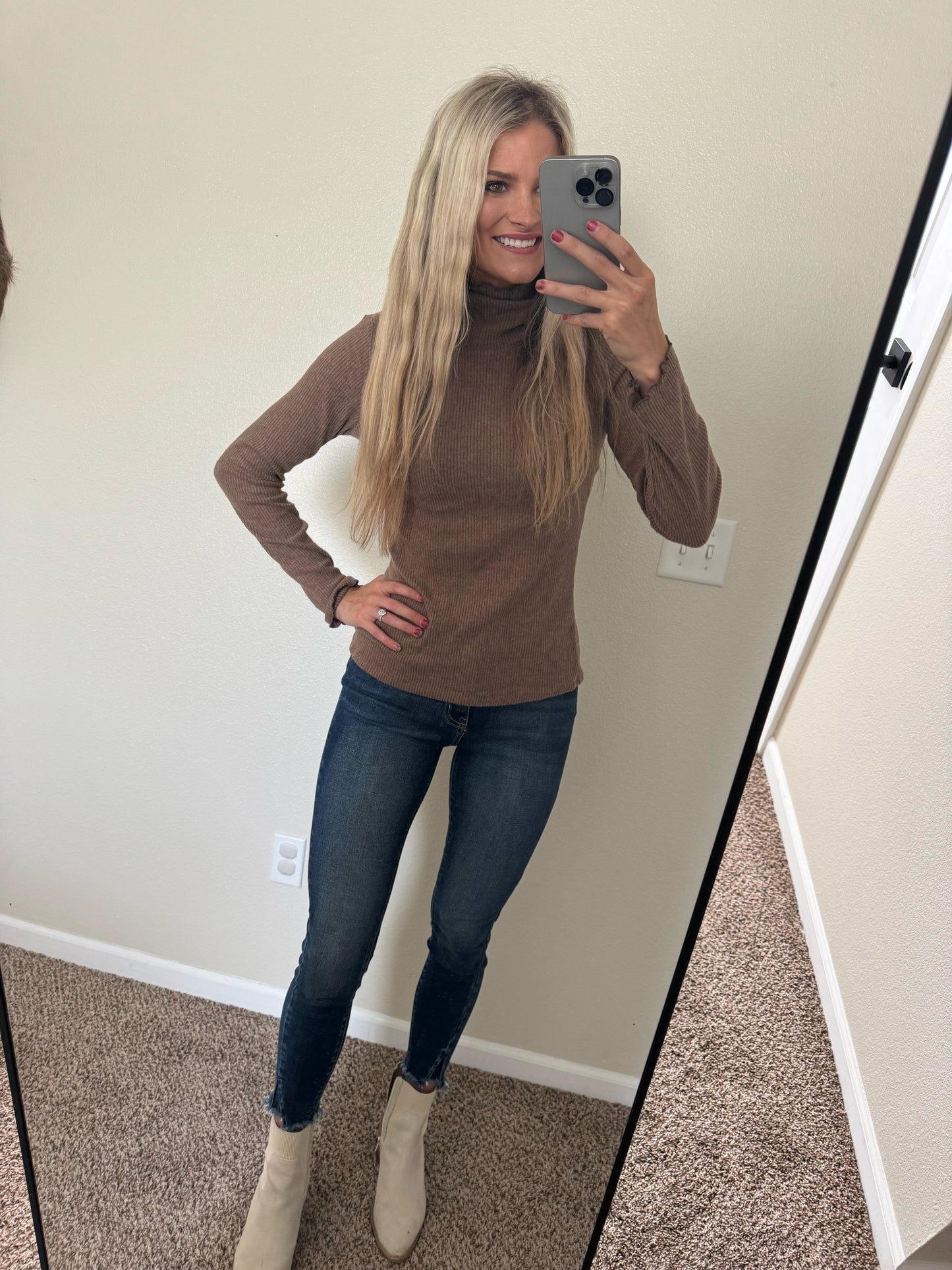 Mocha Ribbed Turtleneck Top