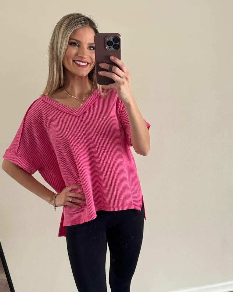 Ribbed Short Sleeve V Neck Top