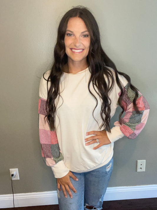 Cream Top With Checkered Balloon Sleeves
