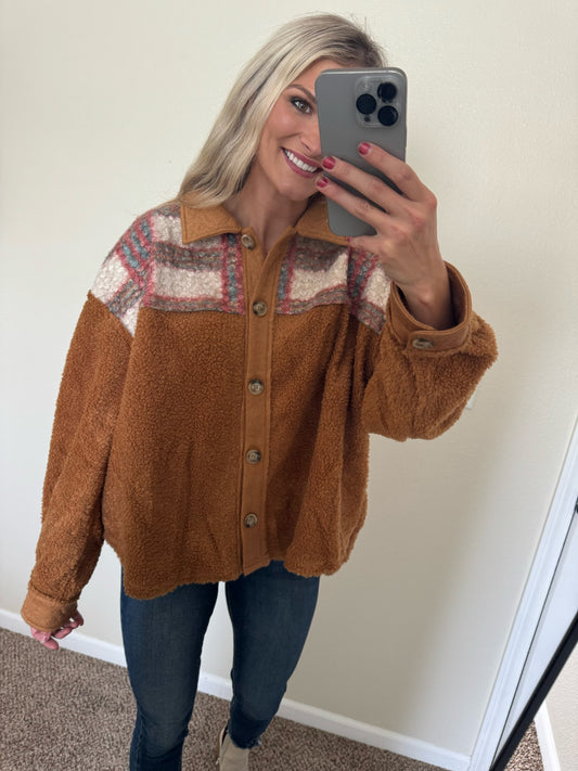 Mustard Sherpa Shacket with plaid detail