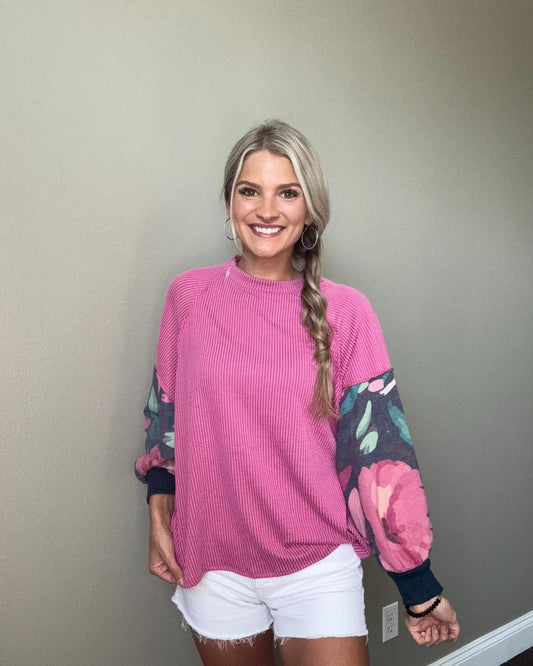 Magenta Floral Balloon Sleeve Top