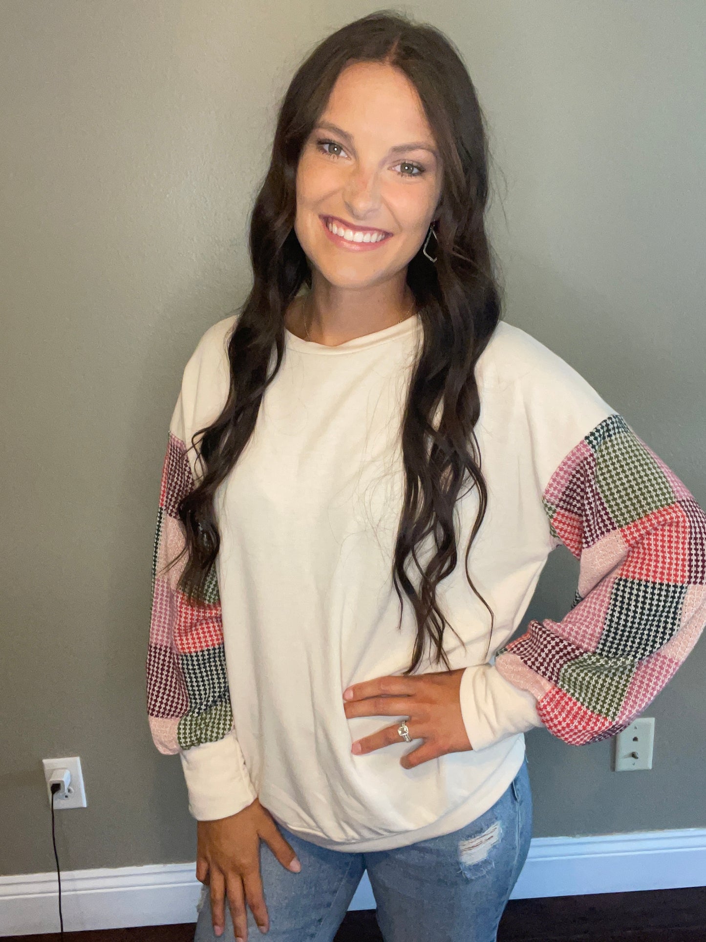 Cream Top With Checkered Balloon Sleeves