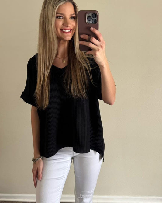 Ribbed Short Sleeve V Neck Top