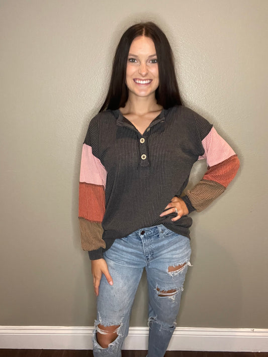 Charcoal Button Down Top With Color Block Sleeves