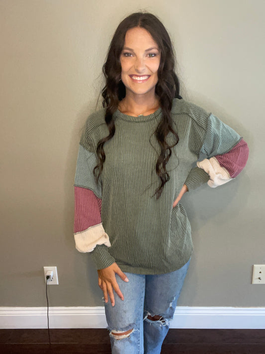 Olive Color Block Balloon Sleeve Top