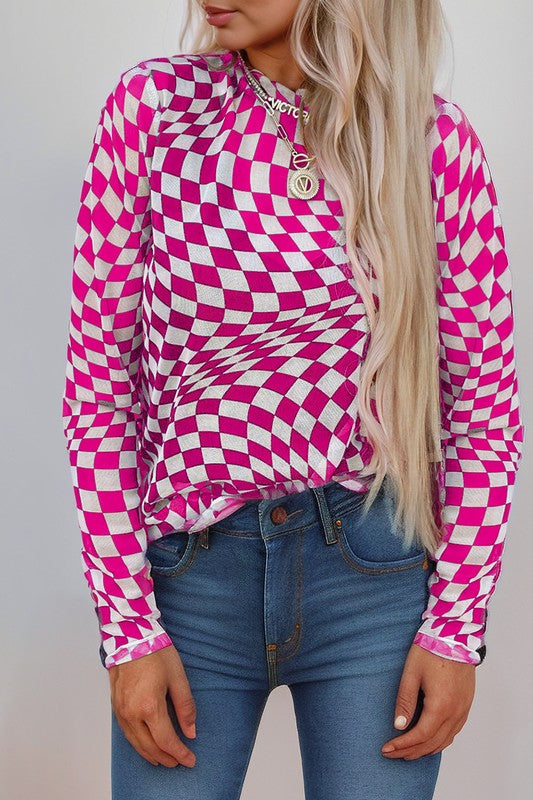 Pink & white checkered mesh top