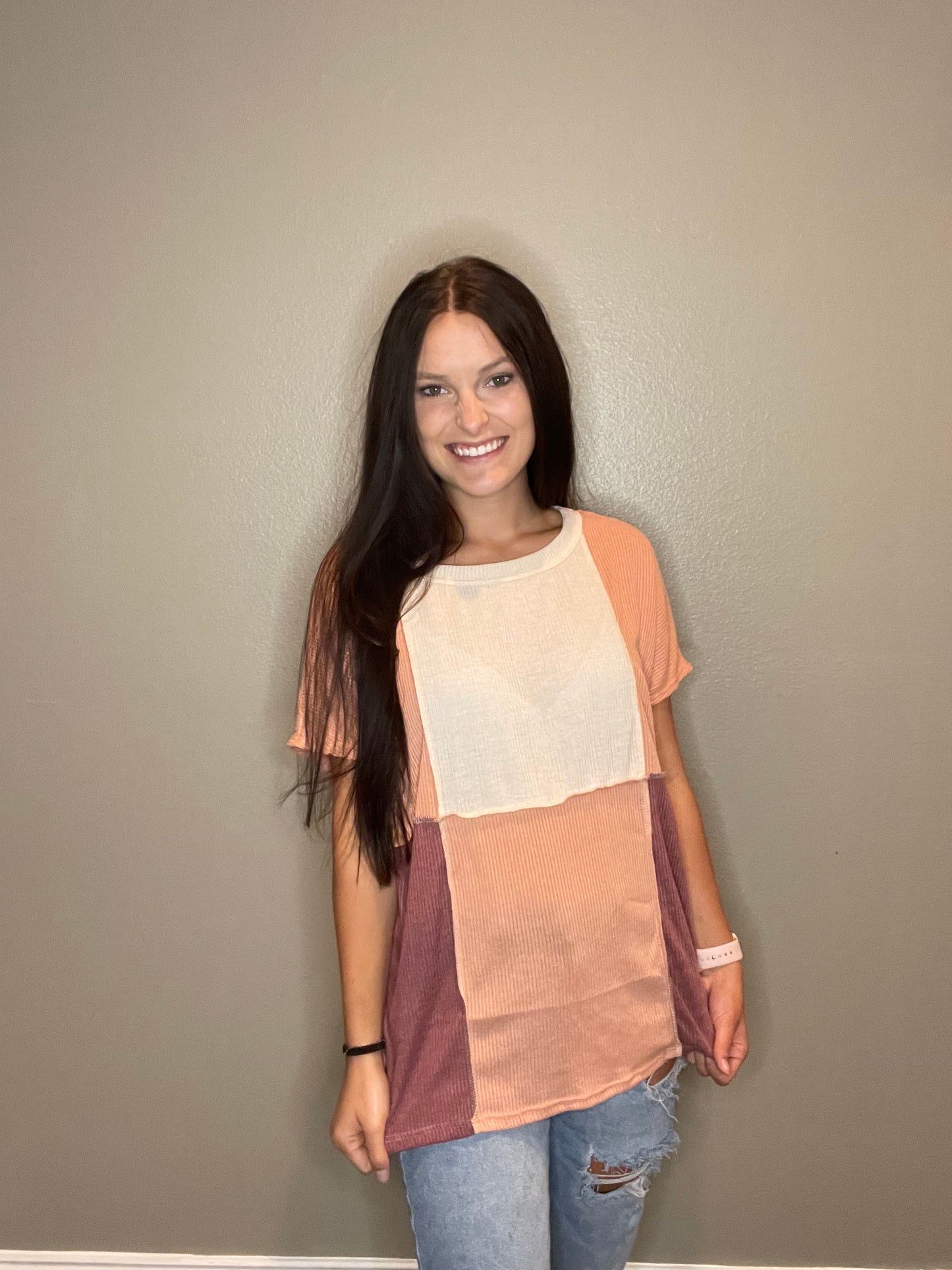 Beige, Peach, and Berry Color Block Top