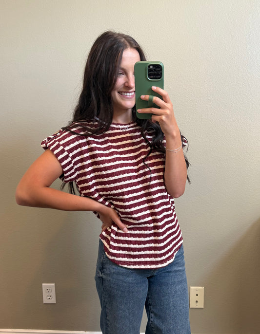 Burgundy & White Striped Top with Button Sleeve