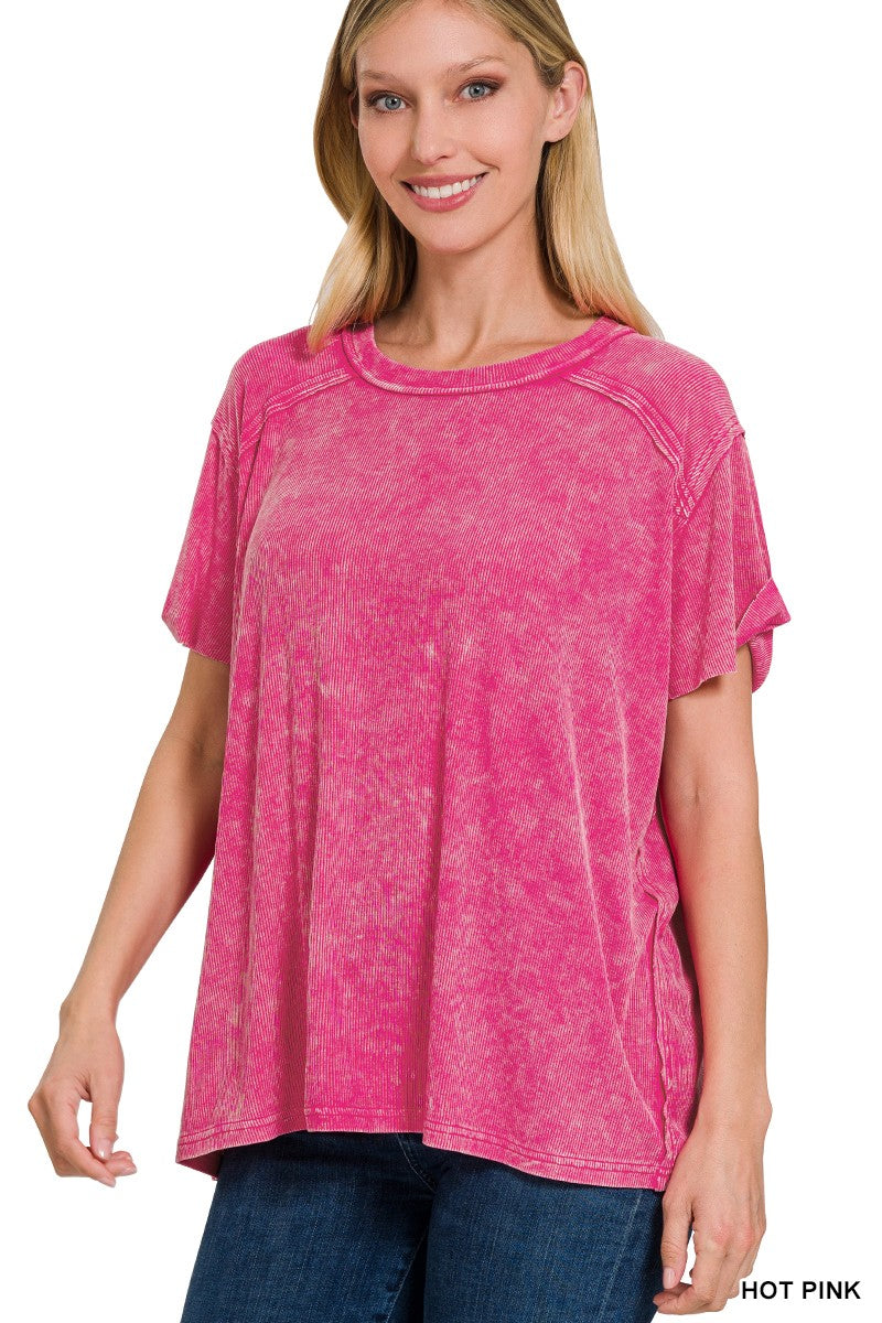 Hot Pink RIbbed Acid Wash Top