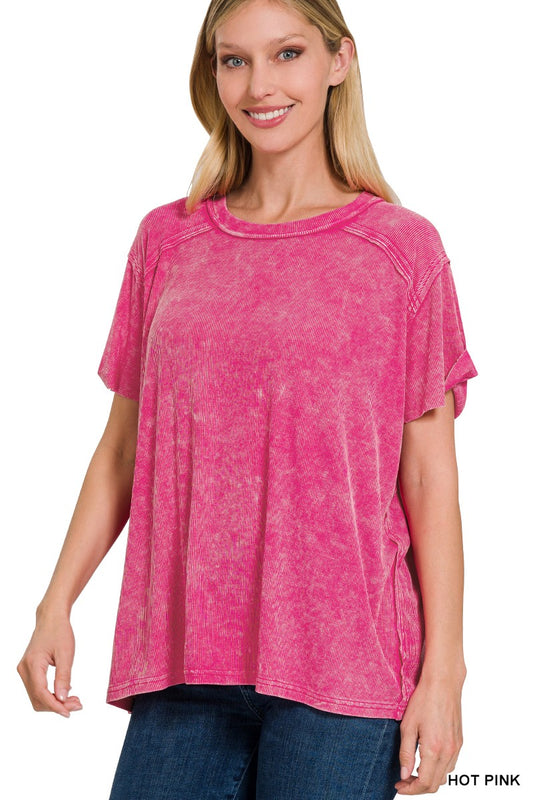 Hot Pink RIbbed Acid Wash Top