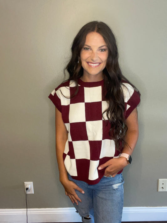 Maroon & White Checkered Top
