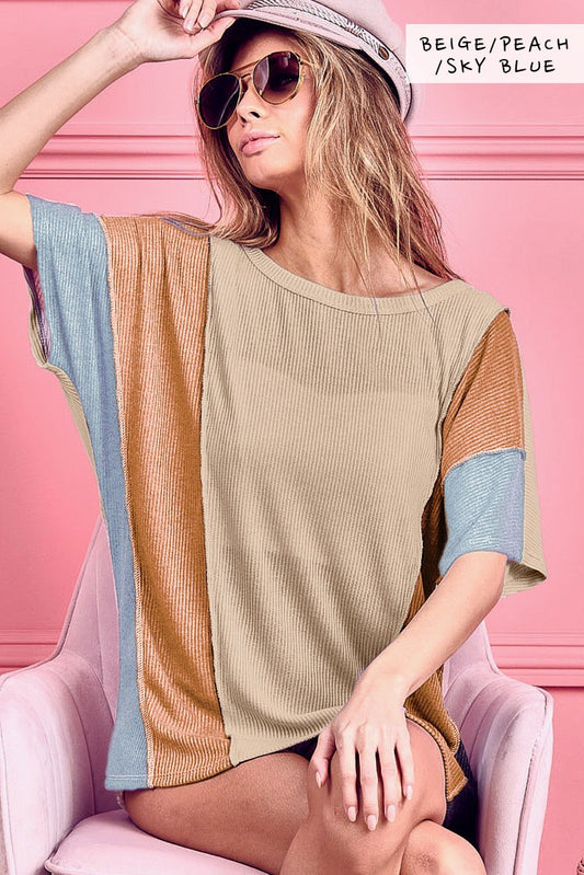 Beige, Peach, and Sky Blue Color Block Top